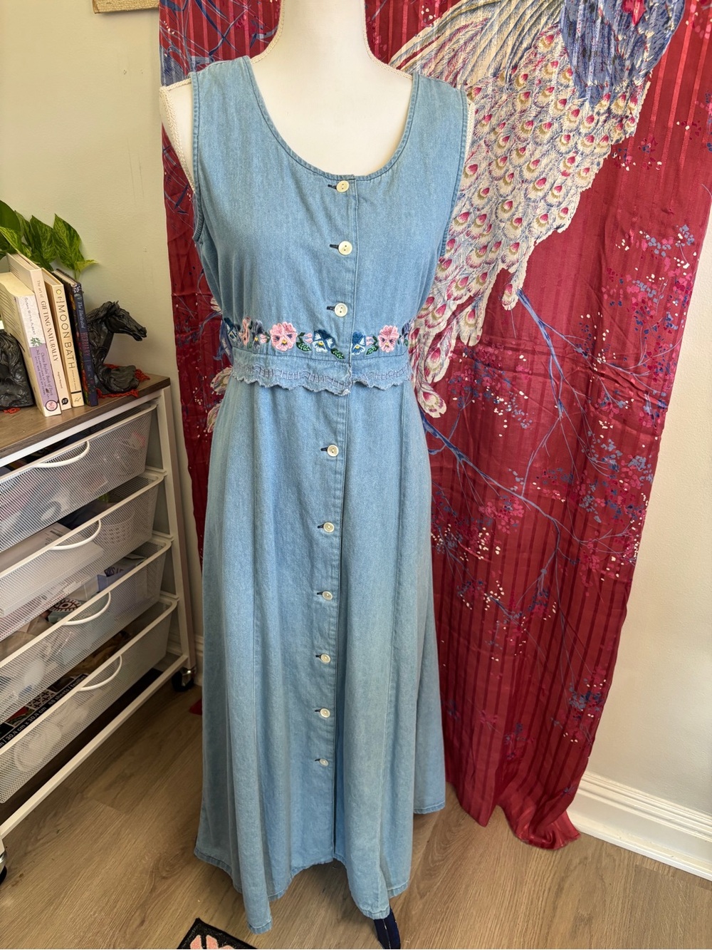 Light Blue Denim Button-Front Maxi Dress with Floral Waist